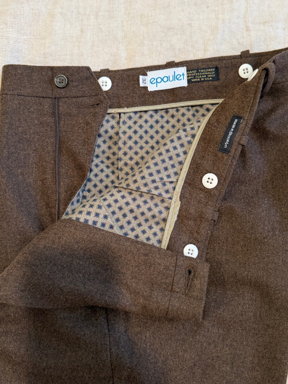 Vintage Epaulet Brown Flannel Dress Trousers - Size 32